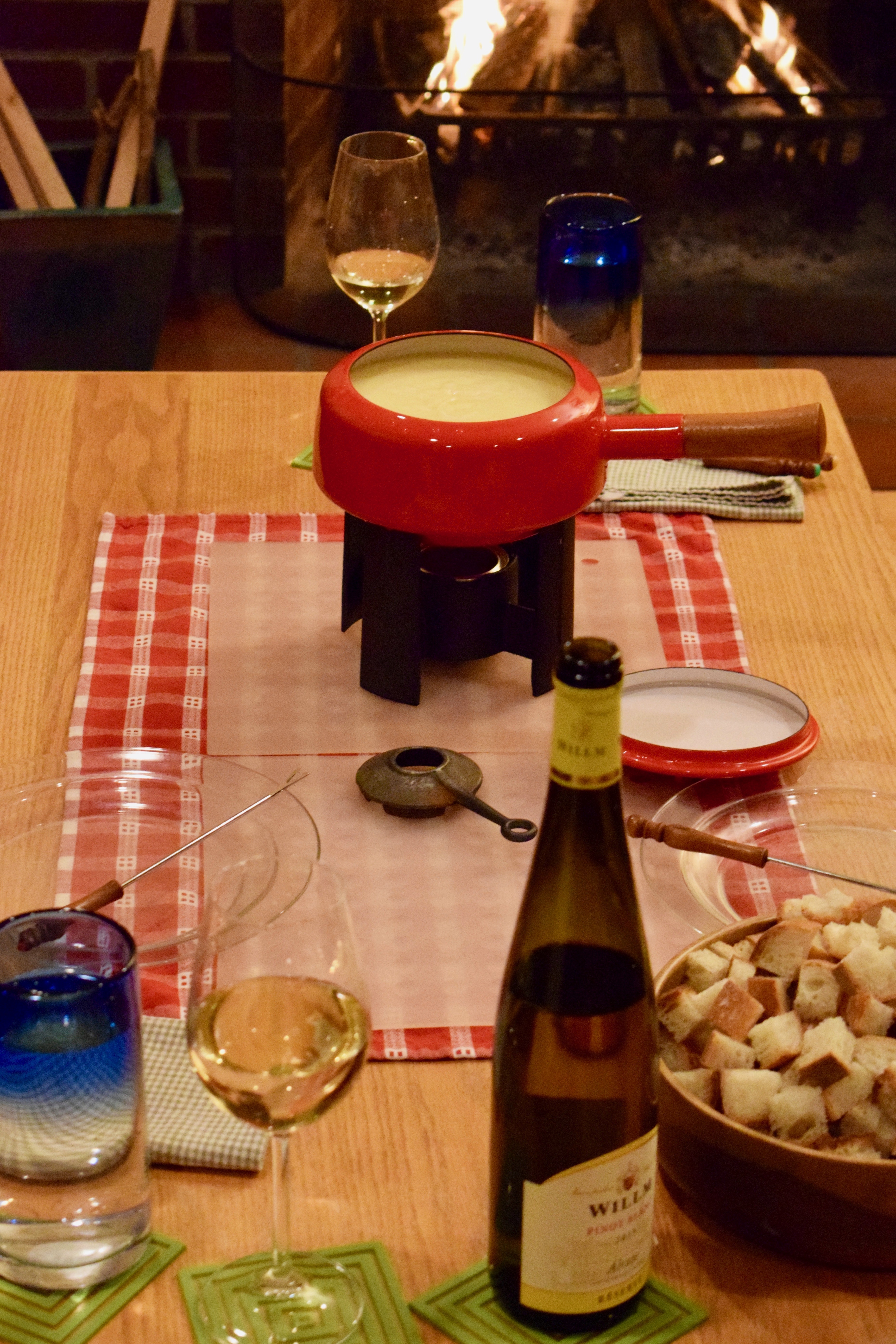 Cheese Fondue in Front of the Fireplace
