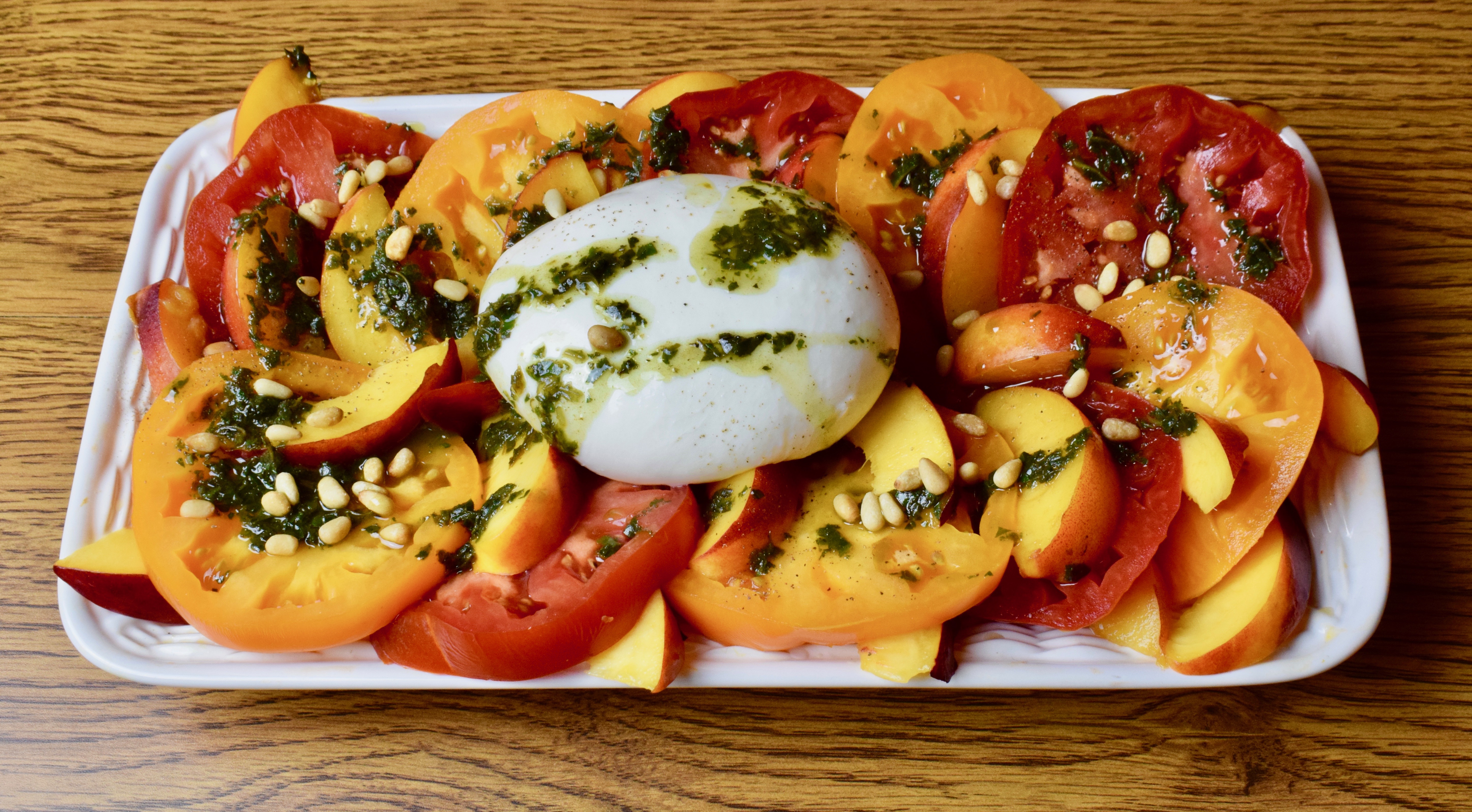 Platter of Burrata with Heirloom Tomatoes and Nectarines