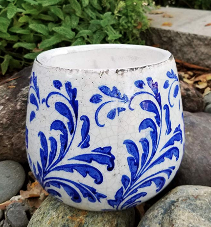 Old World Hand-Pressed Blue and White Ceramic Feather Pattern Pot