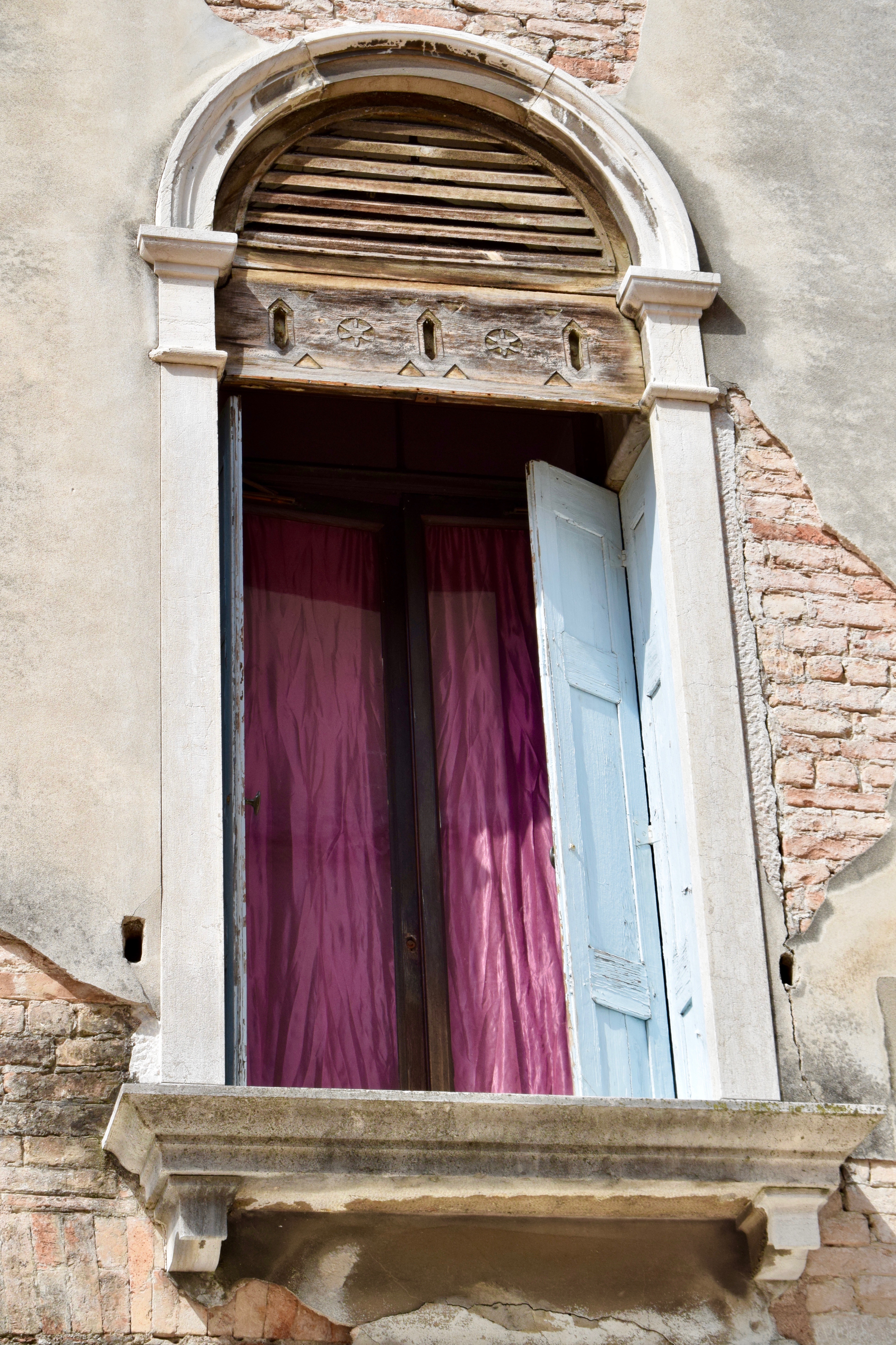 It's the weekend! Number 109, Venice Window with Blue Shutter and Rose Taffeta Curtains