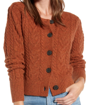 Something Navy Crewneck Cable Cardigan in Rust