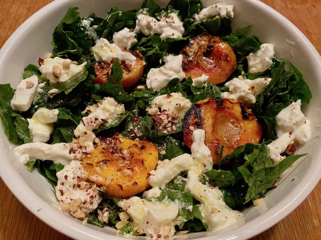 Kale Salad with Grilled Peaches, Creamy Mozzarella and Lime Honey Vinaigrette