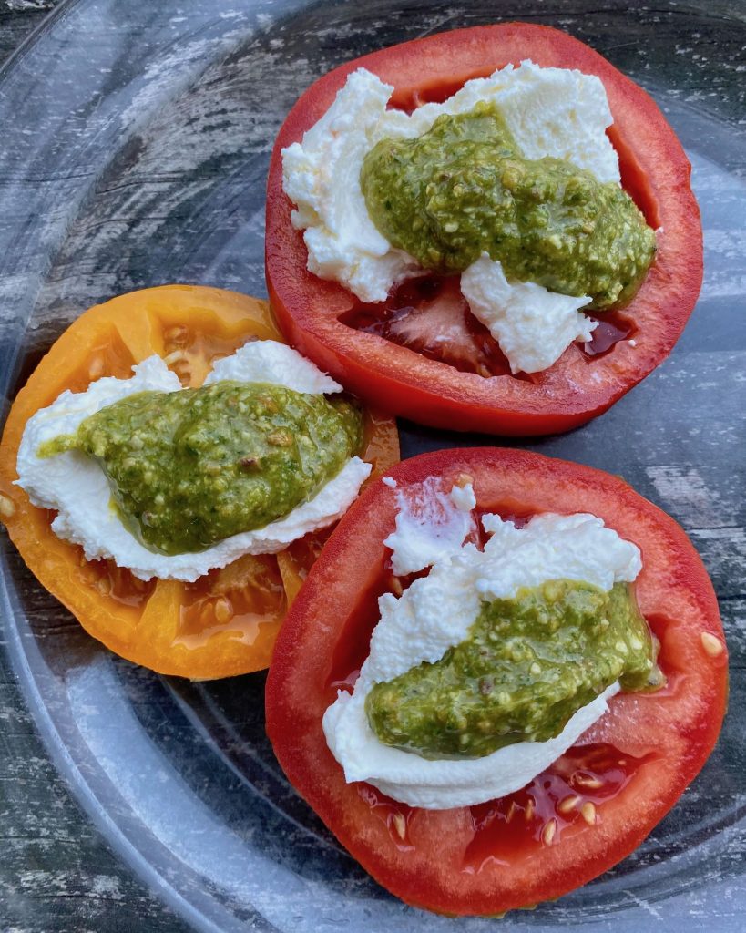 Tomatoes with Fresh Ricotta and Radish Green Pesto