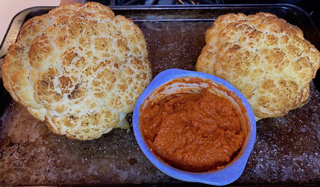 Two Roasted Cauliflower Heads with Romesco Sauce