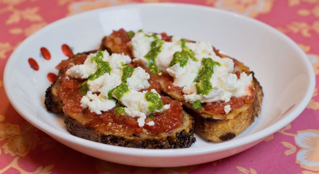 Pan Con Tomate with Fresh Ricotta and Radish Green Pesto