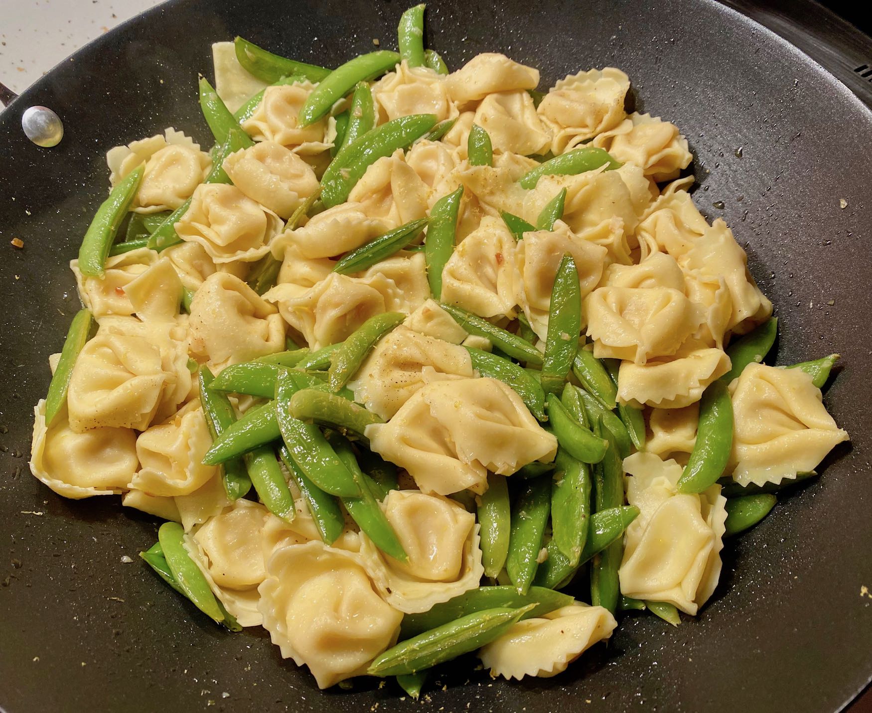 Pan of Cheese Tortellini with Sugar Snap Peas