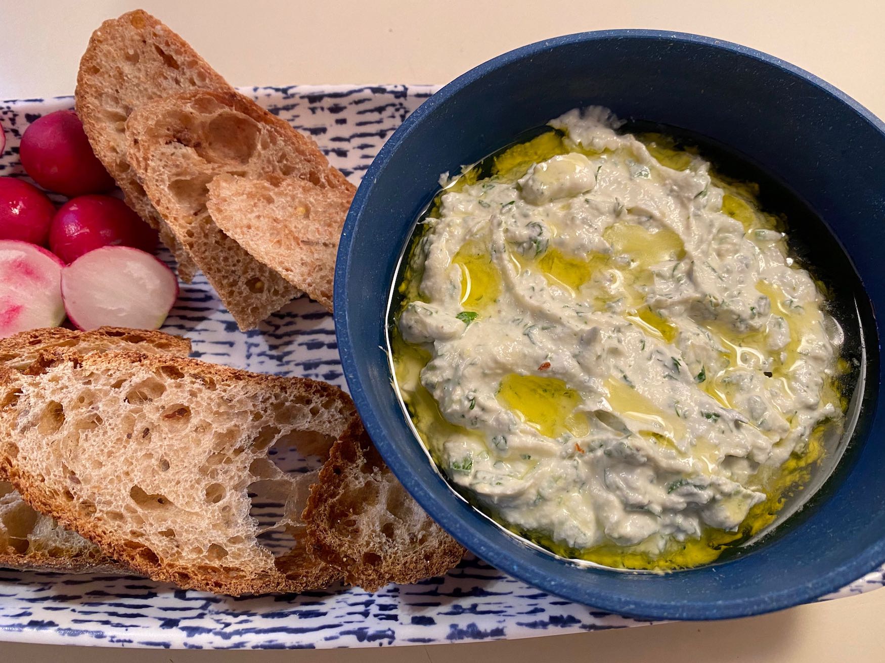 Ricotta Herb Spread with Radishes and Bread Slices