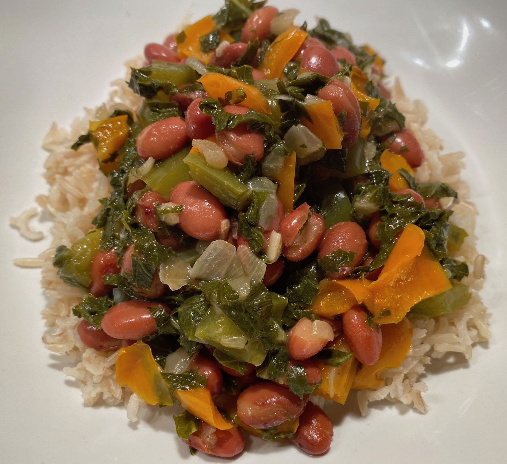 Kale with Vegetables and Beans on Rice