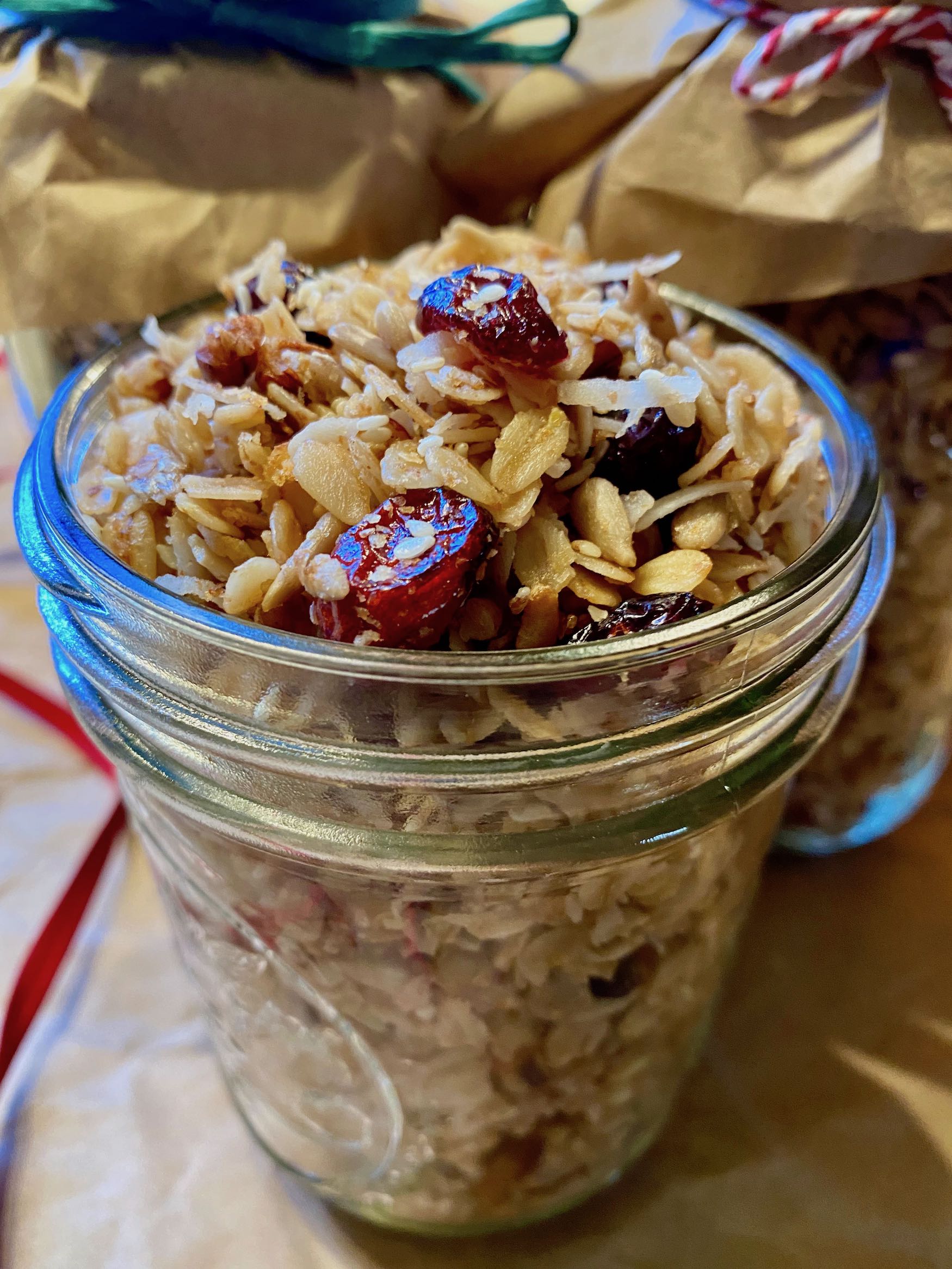 Jars of Maple Nut Granola, Some Wrapped for Gifts
