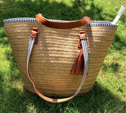 Woven Market Tote with Black and White Striped Lining