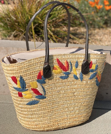 Woven Straw Tote with Embroidery