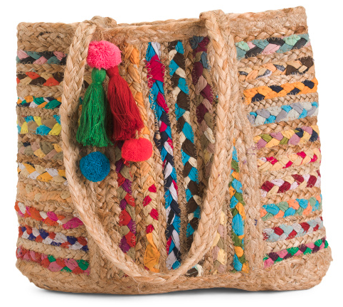 Woven Tote from Natural Grasses and Cloth Strips