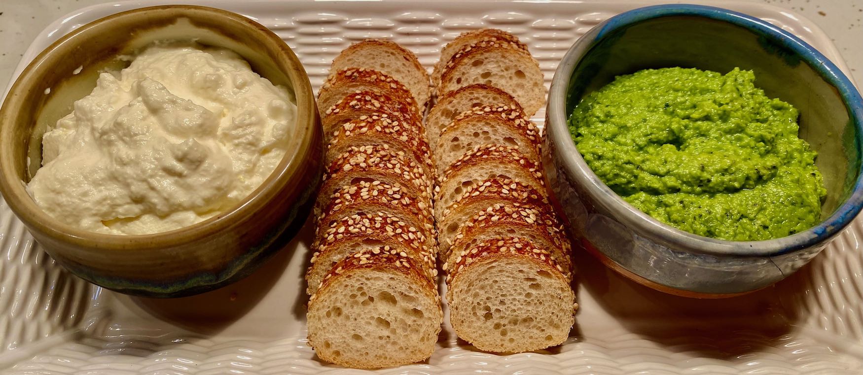 Baguette Slices with Pea Spread and Fresh Ricotta