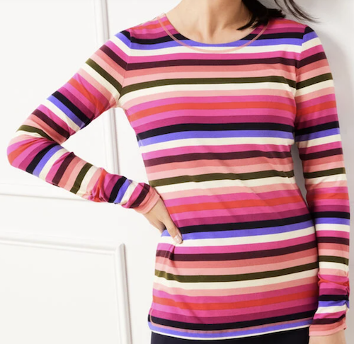 Talbot's Rushed Sleeve Tee Shirt in Pink and Multicolor Stripes