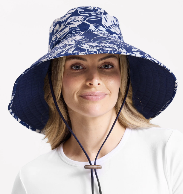 Blue and White Ultra Wide Tropical Print Sun Hat for Women