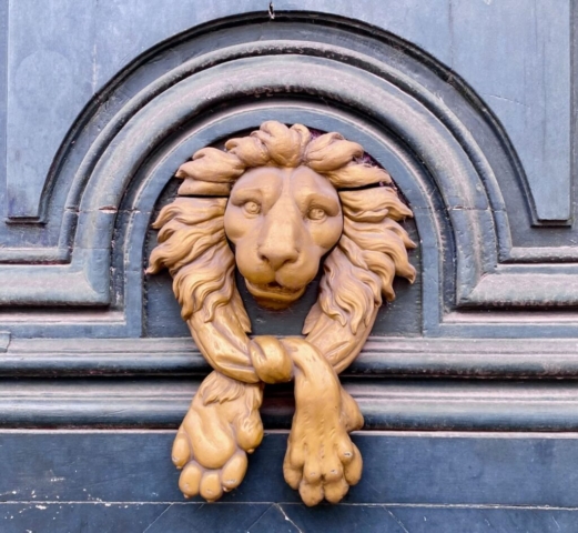 Lion with Paws Parisian Door Knocker on Blue Door