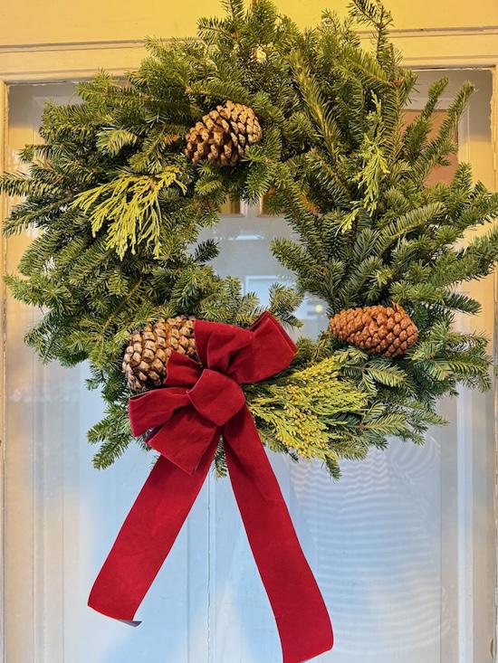 It's the weekend! Number 353, Wreath with Pinecones and Red Bow on Front Door